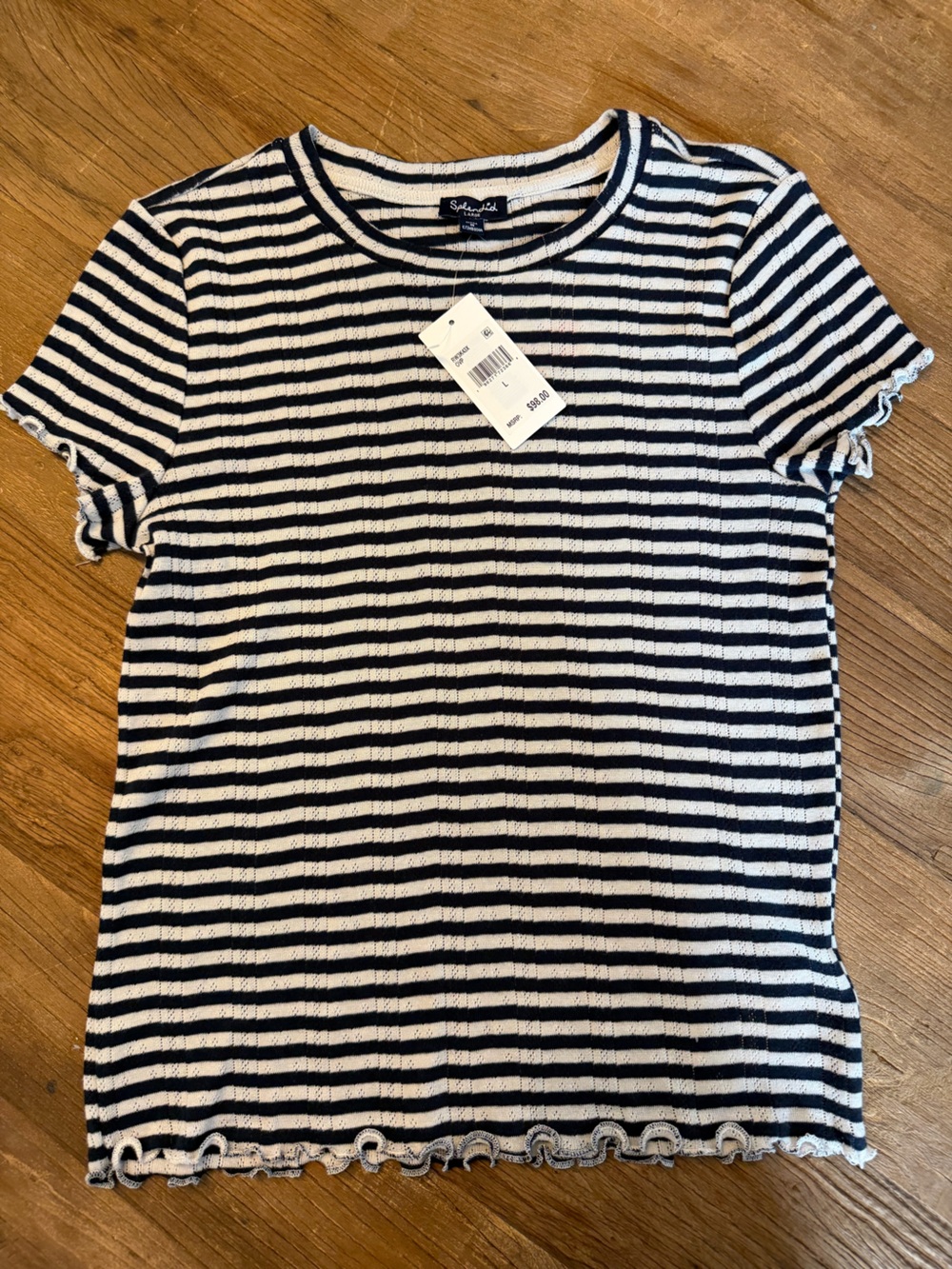 Splendid Women’s Black Ivory White Striped Short Sleeve Top Size L NWT